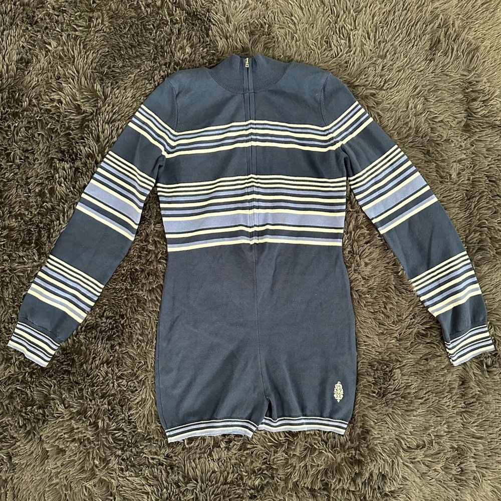 New Free People Movement Blue It's Cold Outside Playsuit Navy Striped Sz Small